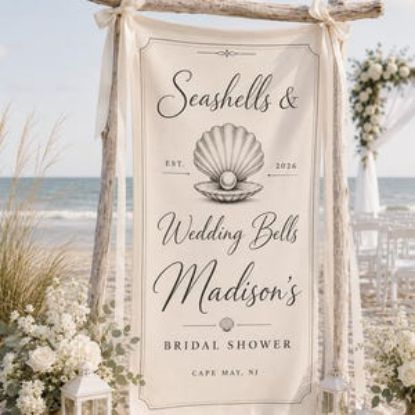 Personalized Coastal Bridal Shower Polyester Banner,  Beach Party Decor, Seashell Wedding Bells Fabric Sign, Custom Bride Name Backdrop