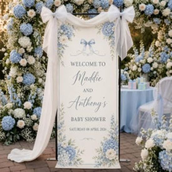 Personalized Baby Shower Banner with Blue Floral Design, Baby Party Sign Decor Gift, Custom Wildflower Baby Shower Backdrop, Floral Garden
