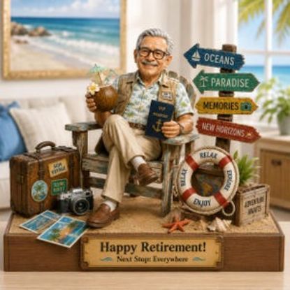 Personalized Travel Retirement Figurine 2D Flat Wooden Block, Custom Adventure Retirement Keepsake, Happy Retirement Gift for Dad,Decor Home
