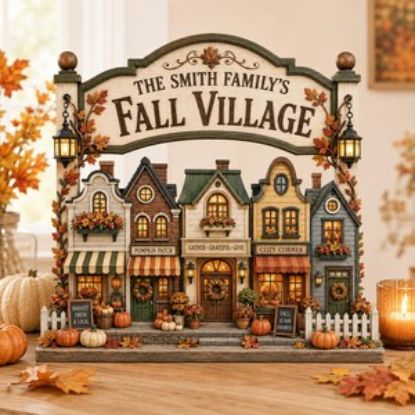 Personalized Fall Village 2D Flat Wooden Block, Custom Autumn Village Sign, Fall Harvest Decor, Pumpkin Season Village, Family Gifts