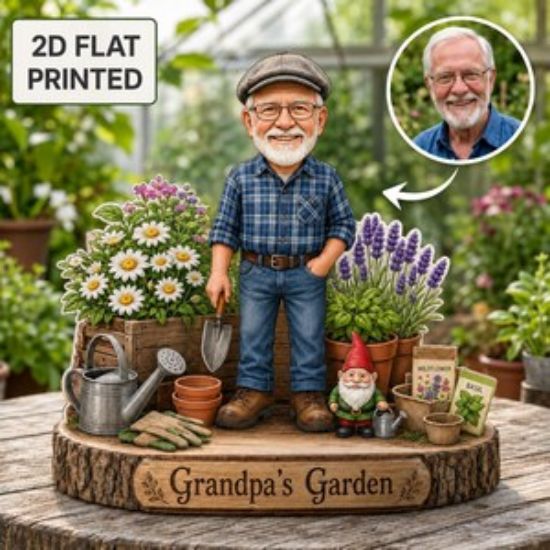 Personalized Photo Grandpa Garden Gnome 2D FLAT Wooden Block, Custom Caricature Plaque Sign, Father's Day Keepsake, Gardening Gift for Him
