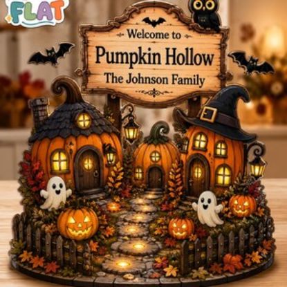 Custom Halloween Pumpkin Hollow Wooden Block, Personalized Fall Decor Table, Pumpkin Village Shelf Sitter, Spooky Halloween Sign
