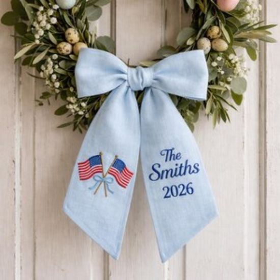 Embroidered Personalized USA Flag Sash, Summer Toile Front Door Bow, Custom Monogram Seersucker Door Decor, Holiday Decor 250th Anniversary