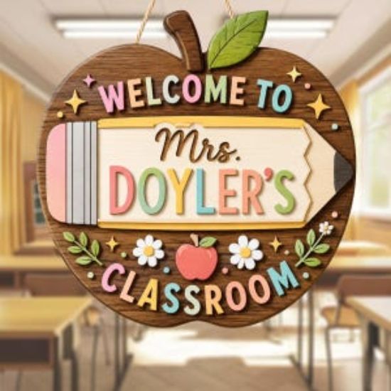 Personalized Apple Teacher Door 2 Layer Wooden Sign, Teacher Door Hanger, Teacher Appreciation Gift, Classroom Decor, Back To School