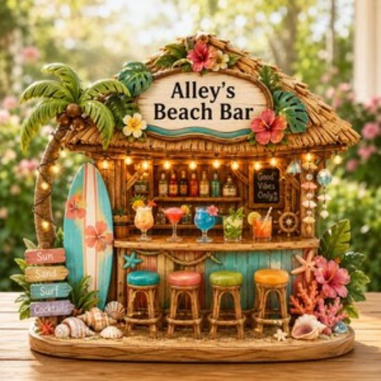 Personalized Beach Bar 2D Flat Wooden Block, Custom Tropical Tiki Bar Shelf Decor, Coastal Cocktail Hut Sign, Summer Ocean Gift, Beach Lover