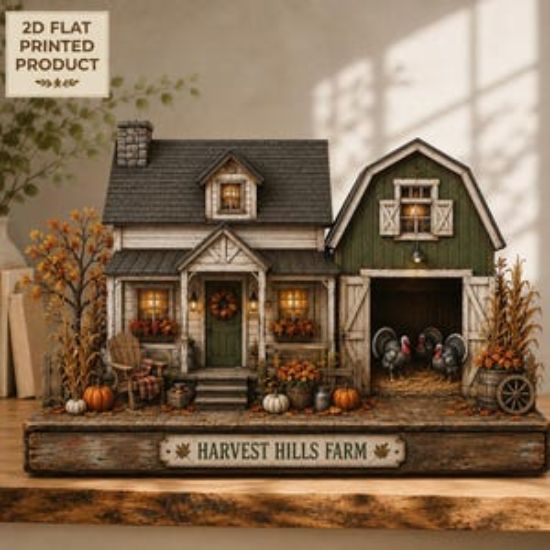Custom Harvest Farmhouse 2D FLAT Wooden Block Decor, Autumn Barn Shelf Sitter, Fall Farm Scene Display, Rustic Thanksgiving Home Decor