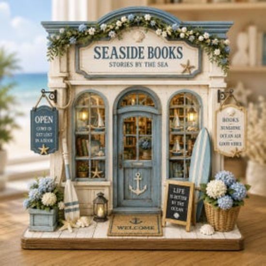 Personalized Coastal Bookstore 2D Flat Acrylic Plaque, Custom Beach Book Shop Decor, Seaside Books Keepsake, Book Lover Gift, Ocean Theme