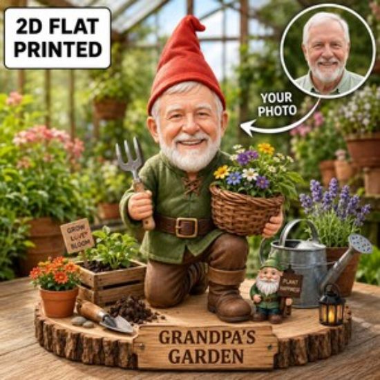 Personalized Photo Face Garden Gnome 2D FLAT Wooden Block, Custom Wood Sign, Gardening Keepsake, Father's Day Gift for Dad & Grandpa