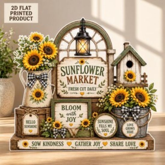 Sunflower Market 2D FLAT Wooden Block, Rustic Farmhouse Shelf Sitter, Summer Floral Display, Country Sunflower Home Decor Wooden Sign