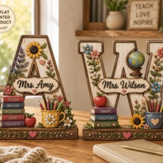 Custom Name Teacher Desk 2D Flat Wooden Block, Personalized Initial Teacher Name Wooden Sign, Back To School, Teacher Appreciation Gift