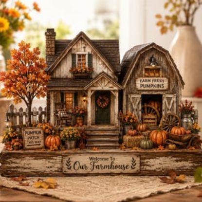 Fall Farmhouse 2D Flat Wooden Block, Rustic Pumpkin Patch House Sign, Harvest Season Home Decoration, Autumn Farmhouse Table Decor