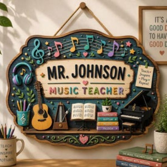 Personalized Music Teacher Door 2 Layer Sign, Custom Classroom Music Decor, Teacher Name Wall Hanger, Music Teacher Gift Sign, Teacher Gift