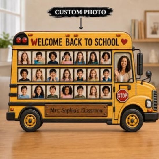 Personalized School Bus 2D Flat Wooden Block, Custom Photo Back to School Sign, Classroom Decor, Gift For Teacher