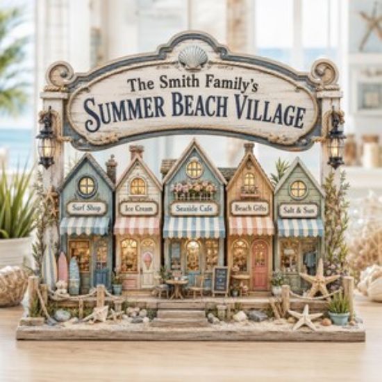 Custom Summer Beach Village 2D Flat Wooden Block, Personalized Family Name Sign, Seaside Cottage Town Decor, Coastal Home Keepsake Gift