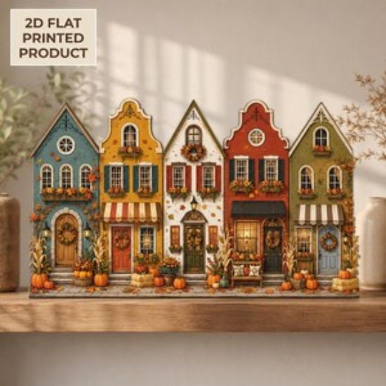 Autumn Village 2D FLAT Wooden Block Decor Home, Fall Harvest House Shelf Sitter, Pumpkin Season Village, Rustic Thanksgiving Mantel Decor