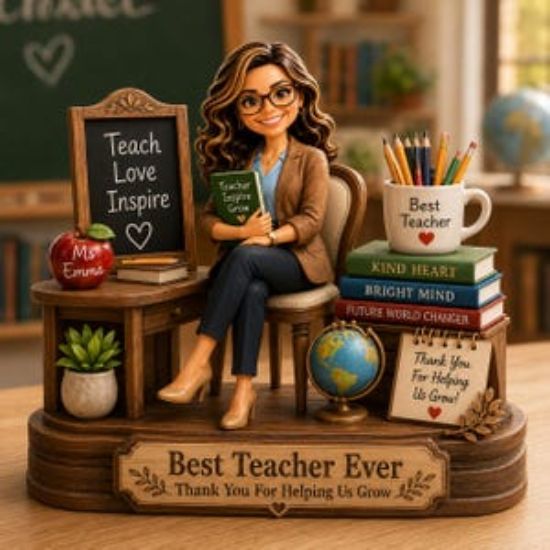 Custom Teacher Figurine 2D Flat Wooden Block Desk, Personalized Face Keepsake, Thank You Gift for Mentor, Appreciation Gift for Coach
