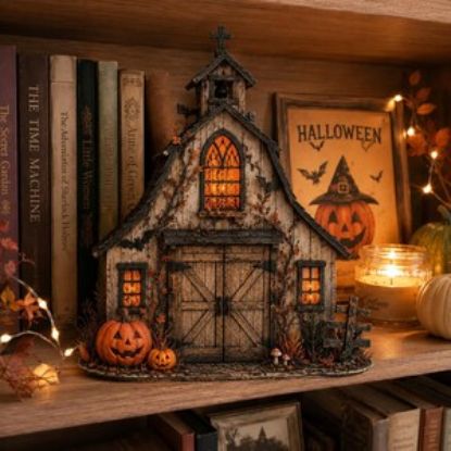 Halloween Barn 2D Flat Wooden Block Decor, Rustic Spooky Farmhouse, Lighted Halloween Shelf Sitter, Pumpkin Barn Wooden Decor