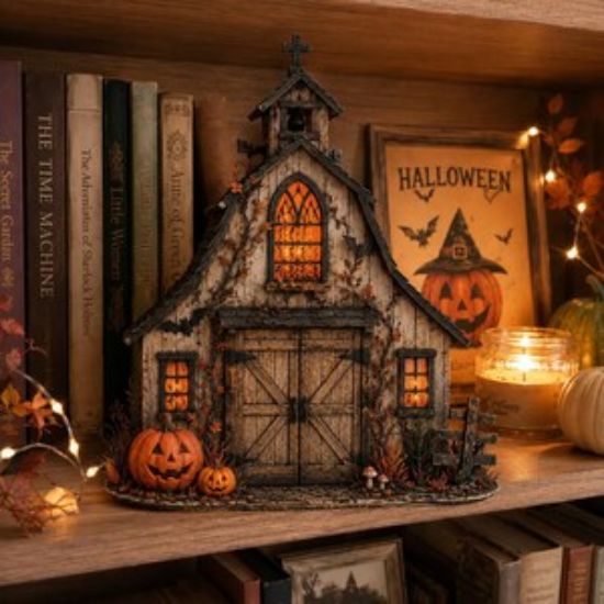 Halloween Barn 2D Flat Wooden Block Decor, Rustic Spooky Farmhouse, Lighted Halloween Shelf Sitter, Pumpkin Barn Wooden Decor