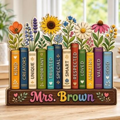 Personalized Flowers Book Teacher Classroom Wooden Block, Floral Teacher Desk Decor, Custom Teacher Name,Appreciation Gift, Wildflower