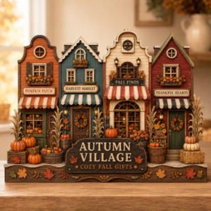 Autumn Village 2D Flat Wooden Block Decor, Fall Farmhouse Shelf Sitter, Pumpkin Cottage Table Decor, Cozy Harvest Home Gift