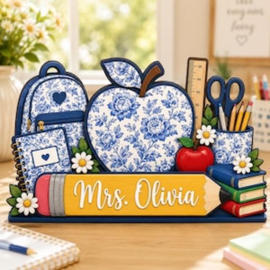 Personalized Teacher 2D Flat Wooden Block, Floral Classroom Decor, Custom Name Back to School Sign, Teacher Appreciation Gift