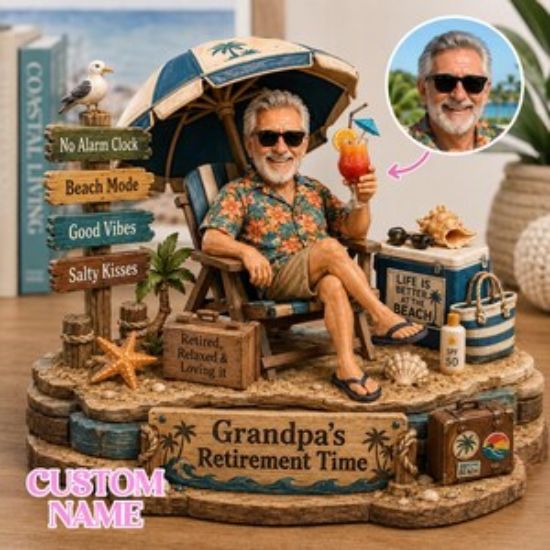 Retired Relaxed Loving It Figurine Wooden Block, Beach Lover Grandpa Statue, Unique Retirement Gift Him, Desk Shelf Decor, Summer Vacation