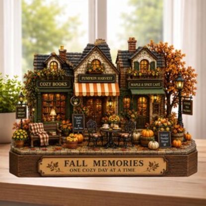 Autumn Village 2D Flat Wooden Block, Cozy Books and Cafe Sign, Fall Tiered Tray Decor Home,Rustic Pumpkin Harvest Display,Autumn Streetscape