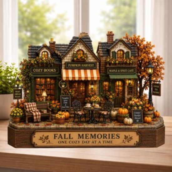 Autumn Village 2D Flat Wooden Block, Cozy Books and Cafe Sign, Fall Tiered Tray Decor Home,Rustic Pumpkin Harvest Display,Autumn Streetscape