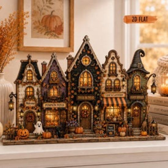 Personalized Halloween Wooden Block Village, Spooky Ghost Pumpkin House Shelf Sitter, Fall Table Decor, Witch Cat Tiered Decor