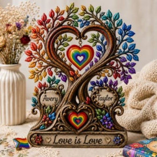 Personalized LGBT Tree of Love 2D Flat Acrylic Plaque, Custom Couple Heart Tree Plaque, LGBTQ Wedding Anniversary Gifts, Gay Couple