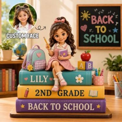 Custom Face Back to School Wood Stand, Personalized Kid Photo Tabletop Decor, Grade Book Stack Sign, First Day of School Gift
