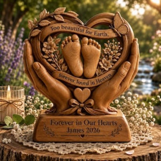 Personalized Baby Memorial 2D Wooden Block, Angel Baby Keepsake, Heart Block Decor Home, Infant Memorial, Angel Feet Miscarriage Keepsake