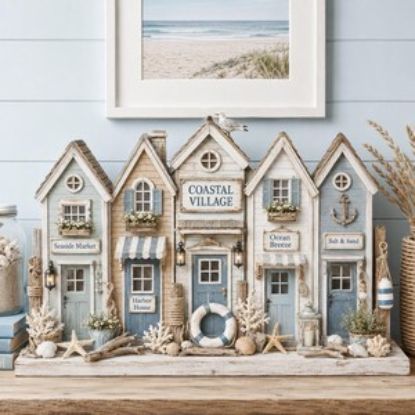 Coastal Village 2D Flat Wooden Block Sign, Nautical Beach House Decor, Seaside Town Shelf Sitter, Coastal Cottage Display, Ocean Lover Gift