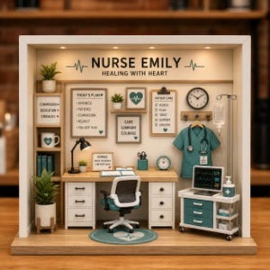 Personalized Nurse 2D Flat Wooden Block, Custom Nurse Office Diorama, Medical Desk Decor, Nurse Graduation Gift, Healing Heart Decor