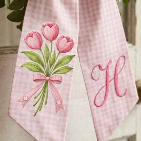 Embroidered Floral Coquette Wreath Sash, Personalized Wreath Sash With Monogram Initials, Housewarming Decor, Toile Flower Home Decor