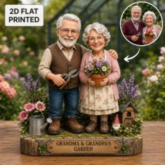 Personalized Photo Grandparents Garden Gnome 2D FLAT Wooden Block, Custom Rose Gardening Keepsake, Gift for Grandma & Grandpa