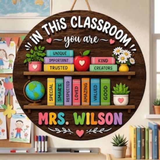 Personalized Back To School Teacher Gift, In This Classroom Door 2 layer Wooden Sign, Teacher Name Door Hanger, Teacher Welcome