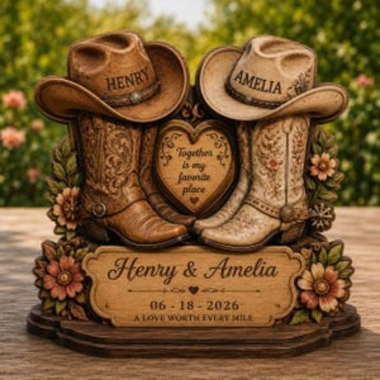 Personalized Cowboy Boots 2D Flat Wooden Block, Custom Couple Names, Rustic Western Decor Home, Anniversary Keepsake