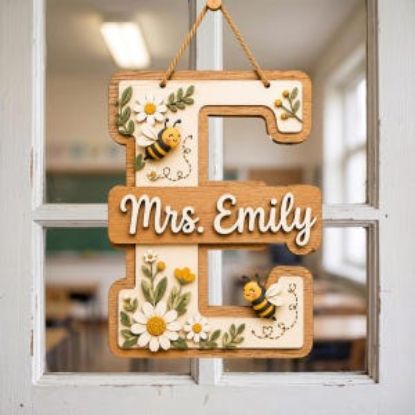 Personalized Bee Teacher 2 Layer Door Sign, Floral Daisy Classroom Decor, Custom Wood Letter, Teacher Door Hanger, Back To School