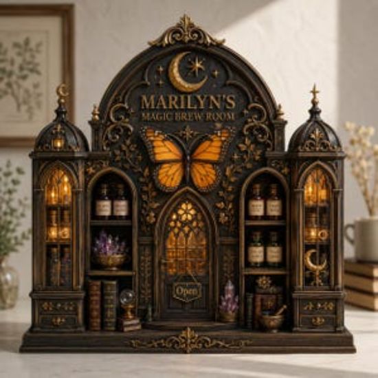 Custom Magic Brew Room 2D Flat Acrylic Plaque, Personalized Witch Apothecary Book Nook, Gothic Moth Bookshelf Decor, Witchy Reading Nook