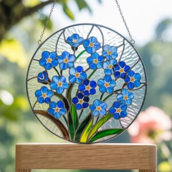 Vergissmeinnicht - Sonnenfänger - Buntglas | Erinnerung & Beileid Geschenk | Blumen Fenster Dekor | In liebevoller Erinnerung | Botanische Glaskunst