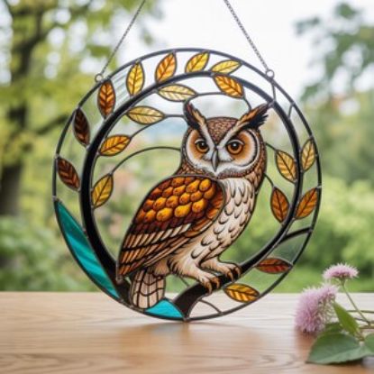 Glasmalerei-Eulen-Sonnenfänger/Eulen-Fensterbehang/Glasmalerei-Eulendekor/Eule Glasmalerei-Kunst/Eulen-Liebhaber-Geschenk/Vogel-Fensterbehang