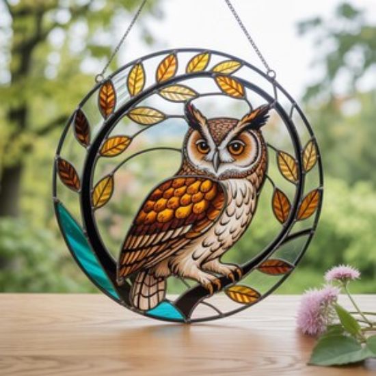 Glasmalerei-Eulen-Sonnenfänger/Eulen-Fensterbehang/Glasmalerei-Eulendekor/Eule Glasmalerei-Kunst/Eulen-Liebhaber-Geschenk/Vogel-Fensterbehang