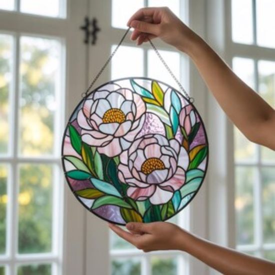 Rosa Pfingstrose Glasmalerei Suncatcher, Blumenfensterschmuck, Pfingstrose Geschenk für Frauen, Mutter Geburtstagsgeschenk, Gartenliebhaber Geschenk