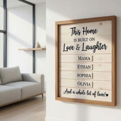 Custom Family Wall Sign Wood Frame, Personalized Home Decor Sign, Farmhouse Family Name Plaque, Housewarming Gift, Love & Laughter Sign