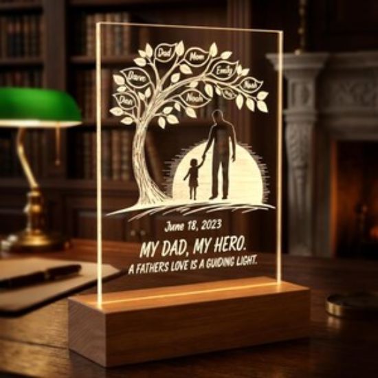 Personalized Dad Family Tree LED Lamp, Custom Father Night Light, Dad My Hero Gift, Acrylic Lamp With Names, Father's Day Gift From Kids