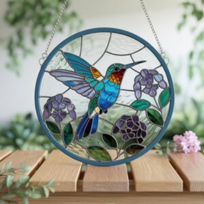 Kolibri & Lila Blume Glasmalerei Suncatcher: Garten Fenster Dekoration