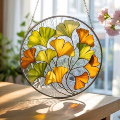 Ginkgoblatt-Buntglas-Sonnenfänger, gelbes Ginkgo-Fenster-hängende Kunst, Herbst-Garten Boho-Dekor Geschenk für Pflanzenliebhaber