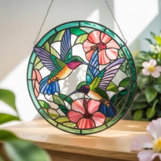 Kolibri Suncatcher mit lebendiger Glasmalerei / dekorativer Fensterschmuck für Naturliebhaber / ideales Geschenk für Mama / Oma / Vogel-Fans