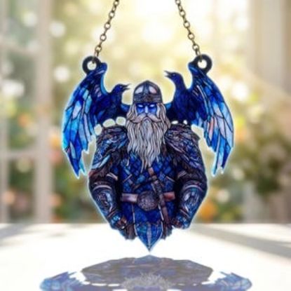 Viking Suncatcher Window Hanging, Norse Warrior Raven Glass Art, Odin Inspired Stained Glass Decor, Mythology Gift, Odin Window Hanging